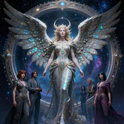 heartbreaking portrait of cosmic angel queen at the entrance of a stunning stargate - portal to the unknown universe by wayne barlowe, james jean, yoji shinkawa, yoshitaka amano, craig mullins, sense of wonder, intricate beautiful cosmic opal filigree details, 8 k octane render, cinematic lighting,