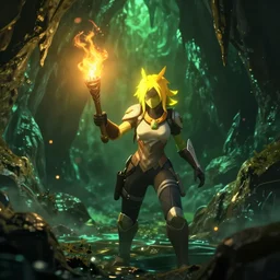 skyrim screenshot of pharah from overwatch delving into a dark watery cave, holding a flaming torch. dimly lit surroundings, green ghastly atmosphere, bright yellow character halo. 8 k octane render, enb, bokeh, ambient occlusion, realistic lighting, 4 k textures, enhanced fx.