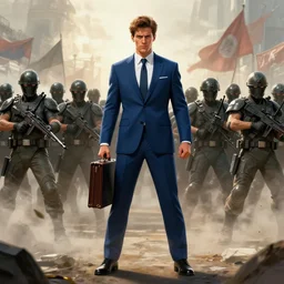 epic cinematic action artwork of a man in his twenties with brown hair wearing a blue business suit and holding a briefcase standing defiantly in front of an army of warriors by Greg Rutkowski, 4k, masterpiece