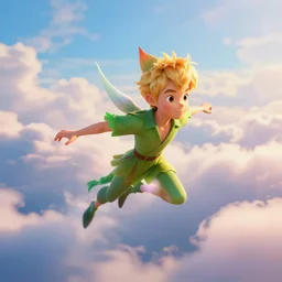 peter pan flies through the clouds above neverland, dreamcore. 8k resolution, photograph, unreal engine, beautiful art, trending on art station, dreamcore.