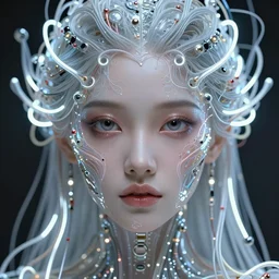 very beautiful woman, big open eyes, full face frontal centered, portrait, abundent detailed intricate symmetrical ornate neon cables connected to head, clear lips, luxurious hair, sophisticated abundent wiring and implants, translucent, porcelain, fractal, sci - fi, dramatic lighting, photography, highly detailed, trending on artstation, deviantart, 8 k, by chie yoshii