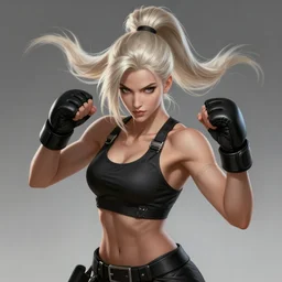 a highly detailed illustration of beautiful fierce ponytail platinum blonde woman wearing black mma gear and gloves, dramatic powerful fighting pose, perfect face, fairly muscular, athletic, intricate, elegant, highly detailed, centered, digital painting, artstation, concept art, smooth, sharp focus, league of legends concept art, WLOP