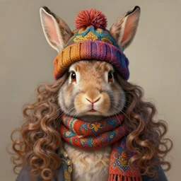 symmetry!! portrait of horned rabbit wearing a colorful beanie!, scarf!, long curly hair intricate, elegant, highly detailed, digital painting, artstation, concept art, smooth, sharp focus, illustration, art by artgerm and greg rutkowski and alphonse mucha, 8 k