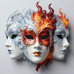 3 d beautiful face in the center. beautiful glossy intricate highly detailed venetian mask. ice, milk, lava, flame, smoke, artwork by tooth wu and wlop and beeple and greg rutkowski, 8 k trending on artstation, volumetric lighting