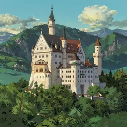 castle by the gorge with alpine mountains in background, hayao miyazaki, artstation