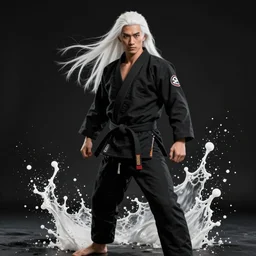 male martial artist with long white hair, wearing a black gi, official splash art