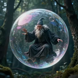 an old wizard trapped inside a floating soap bubble among the trees, ethereal, fantasy, style of michael cheval, dramatic lighting