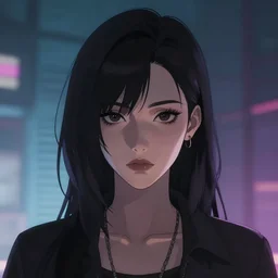 girl with dark hair and dark eyes, disco elysium style