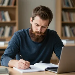 a strong bearded man studying for a test