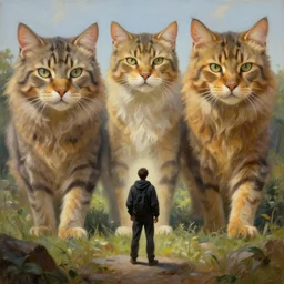 oil painting, Wanderer in a land of extremely big giant cats, 4k