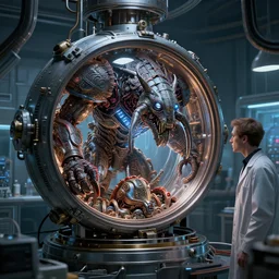 a hihgly detailed starcraft's zerg inside his bioreactor, observed by a thin male scientist in his biotech lab, from love death and robots ( 2 0 1 9 ). coherent portrait, intricate, elegant, highly detailed, digital photo, trending on artstation, hdr photo, smooth, sharp focus