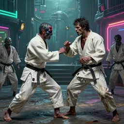 realistic portrait beautiful detailed matte painting of cinematic movie scene, zombie judo fight. horror, created by gustave dore and greg rutkowski, high detailed, smooth draw, synthwave neon retrofuturism, intricate, realistic proportions, dramatic lighting, trending on artstation.
