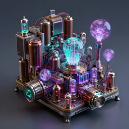 1995 photograph of a bizarre and complicated futuristic cyberpunk machine made of tesla coils and nixie tubes and vacuum tubes and plasma balls, concept art, electrical resonant transformer circuits, glowing teal and purple and red, Van de Graaff, highly detailed