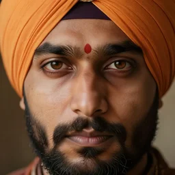 beautiful portrait shot of a sikh warrior, detailed features, piercing detailed realistic eyes, nikon z 9, 5 0 mm, uhd