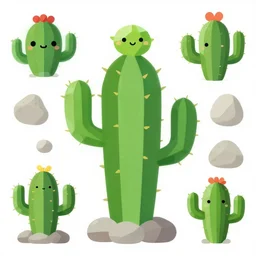 cute cactus clipart vector design, 4 k, high poly, video game asset, illustration. stones set. vector clipart print
