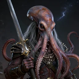 a distant galaxy alien dessert with a closeup portrait of a alien, long grey hair, medieval octopus sword armed cowboy octopus, wearing leather clothes with pearls and metal tentacle spikes, low light, cinematic lightning, matte painting trending on artstation hq, style mad max, george miller, byron kennedy