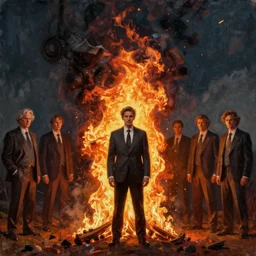 front view, one men in suite standing alone burning on fire, piotr jablonski, tim hildebrandt, mark maggiori, jeff dekal, long shot, hyperrealistic oil painting on canvas, deep depth field, cinematic composition, hyper - detailed, hdr, 8 k, 4 k