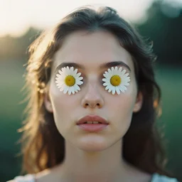 a vintage analog head and shoulder frontal face portrait photography of a beautiful woman with daisies in her eyes by mark owen. vogue. closed eyes. kodak portra 8 0 0 film. shallow depth of field. ( depth of field ). whirl bokeh!!. golden hour. detailed. hq. realistic. warm light. muted colors. filmic. dreamy. lens flare. mamiya 7 ii, f / 1. 2, symmetrical balance, in - frame