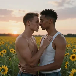 an interracial gay couple in their 30s together in a field of flowers at sunset, realistic, intricate, 4k