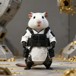 rodent with white and black ancestral ornate japanese tactical gear on an abandoned spaceship, long shot, rule of thirds, golden ratio, graphic novel by fiona staples and dustin nguyen, by beaststars and orange, peter elson, alan bean, studio ghibli, makoto shinkai