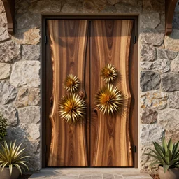 a huge wooden door made by two slabs with live edge, rush plant ornaments bright metalllic, stone wall, photorealistic, octane render, volumetric light, high definition, ultra detailed, artstation, deviantart, cgsociety