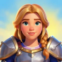 front facing symmetrical centered painted portrait, just one head, Imogen Poots as a Paladin, RPG character avatar, Clash of Clans concept art, pixar, dreamworks, bright vivid colours, global illumination lighting, trending on artstation, by lois van baarle, ilya kuvshinov, rossdraws