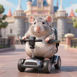 Photo of an obese rat riding a mobility scooter at Disneyland