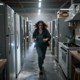 woman holding a flashlight running through the interior of a furniture store, rows of refrigerators and stoves, cinematic lighting, night, terrifying, scp 3008, landscape, fog, artstation