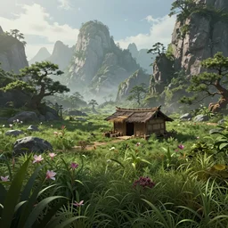 an intricate concept art illustration of an undergrowth asian field with shack hut in the middle of mountains, fantasy biomes, natural lighting, daytime, digital art, photorealistic movie still, style feng zhu and artgerm, hyper realistic, photorealistic, octane render, trending on artstation, cgsociety, cinematic light, 8 k
