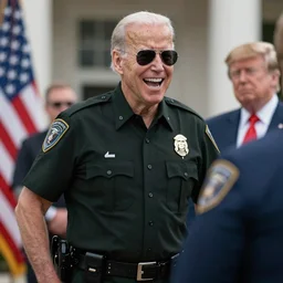 joe biden wearing aviators and a sheriff outfit while laughing and arresting trump in gta v, cover art by stephen bliss, boxart, loadscreen