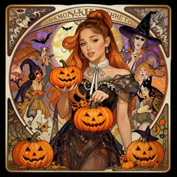 ariana grande trick or treating in halloween night, intricate illustration by krenz cushart, alphonse mucha, artgerm, trending on artstation