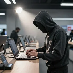 hacker buying a laptop in electronics store