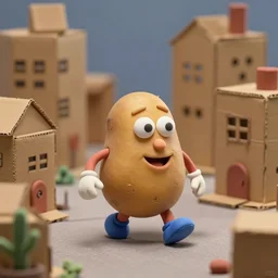 a laika studios animated claymation film still of a happy charming potato walking around a cardboard diorama town chatting. noodle legs and arms. gloved hands. expressive pose. googly eyes. depth - of - field. rule - of - thirds. laika animated claymation.