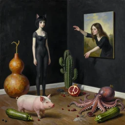 realistic painting of a trashed female artist's apartment, black dripping walls, tall emo catgirl, a gourd sculpture, a pig, a woman reaching out from inside a painting on black walls, a pomegranate, cactus, octopus, a courgette, 1 6 mm, berries, zen, sensual, surrealist painting by magritte and rousseau and monet