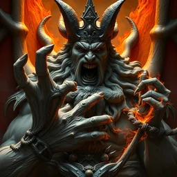 a detailed sculpture of god crushing satan with his hand, demonic, demon, viking, by greg rutkowski and justin gerard, digital art, monstrous, art nouveau, baroque style, realistic painting, very detailed, fantasy, dnd, character design, top down lighting, trending on artstation