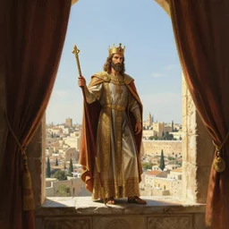 fantasy art of king david overlooking the city of jerusalem through his palace window