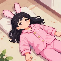 advanced digital anime pixelart , girl wearing a pink bunny pajama laying on the floor. —H 128 —W 128