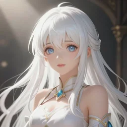 A high fantasy young, teenager anime girl with long, white hair, wearing a dress, by Artgerm and Durand, face close up, official media, beautiful, detailed, high quality, wallpaper, god rays, 4K, epic, trending on artstation and behance