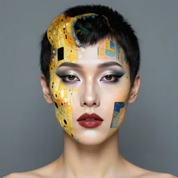 gender ambiguous person with abstract hilda at klimt makeup in face fused body parts combat visor mullet symmetrical facial features, from arknights hyper realistic 4 k, rule of thirds, extreme detail hd by alphonse mucha, greg rutkowski gottfried helnwein