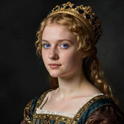 portrait of young woman in renaissance dress and renaissance headdress, blue eyes and blond hair, style by the sandro botticelli