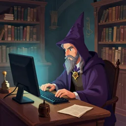 Book illustration of a wizard using a computer in his enchanted study
