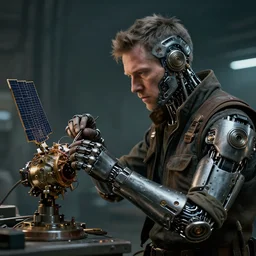 a rugged engineer man with cybernetic enhancements working assembling a satellite, scifi character portrait by greg rutkowski, esuthio, craig mullins, 1 / 4 headshot, cinematic lighting, dystopian scifi gear, gloomy, profile picture, mechanical, half robot, implants, steampunk