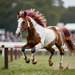 wide angle action shot of a hybrid my little pony ( appaloosa horse ), professional, high quality, multi colored mane, steeplechase race, 4 k, dof, bokeh, action, dramatic lighting, photorealistic, detailed, hq, photorealism