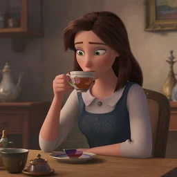 a pixar movie screenshot of a woman drinking tea by Pablo Picasso