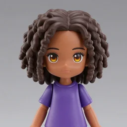 a nendoroid of hazel levesque, a dark skinned black girl with curly brown hair and amber eyes wearing a purple t shirt