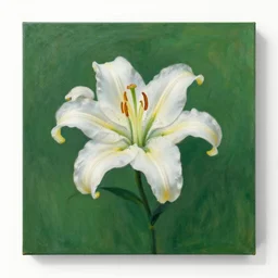 achingly beautiful painting of one white lily on green background rene magritte, monet, and turner. piranesi.