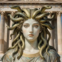 medusa portrait in glorious greek temple, snake hair, beautiful female gorgon, symmetrical face, beautiful eyes, fine art, art nouveau masterpiece, art deco msterpiece, semi realistic anime, museum quality work, cel shaded, art style of Erte, García Benito, cinematic, widescreen, 4K