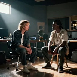 photo of kurt cobain and basquiat in the studio, photorealistic