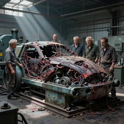airbrushed machine wreck on machine factory by jack kirby, kelly freas, geof darrow, alex ross, basil gogos, philippe druillet, fine art masterpiece baked at 3 0 0 f, matte painting, cold lighting, aged with sunlight, award winning horror, photorealistic render, cinematic