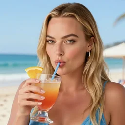 Margot Robbie drinking a cocktail on the beach, digital art, highly detailed face, realistic facial features, hyper realistic, trending on artstation
